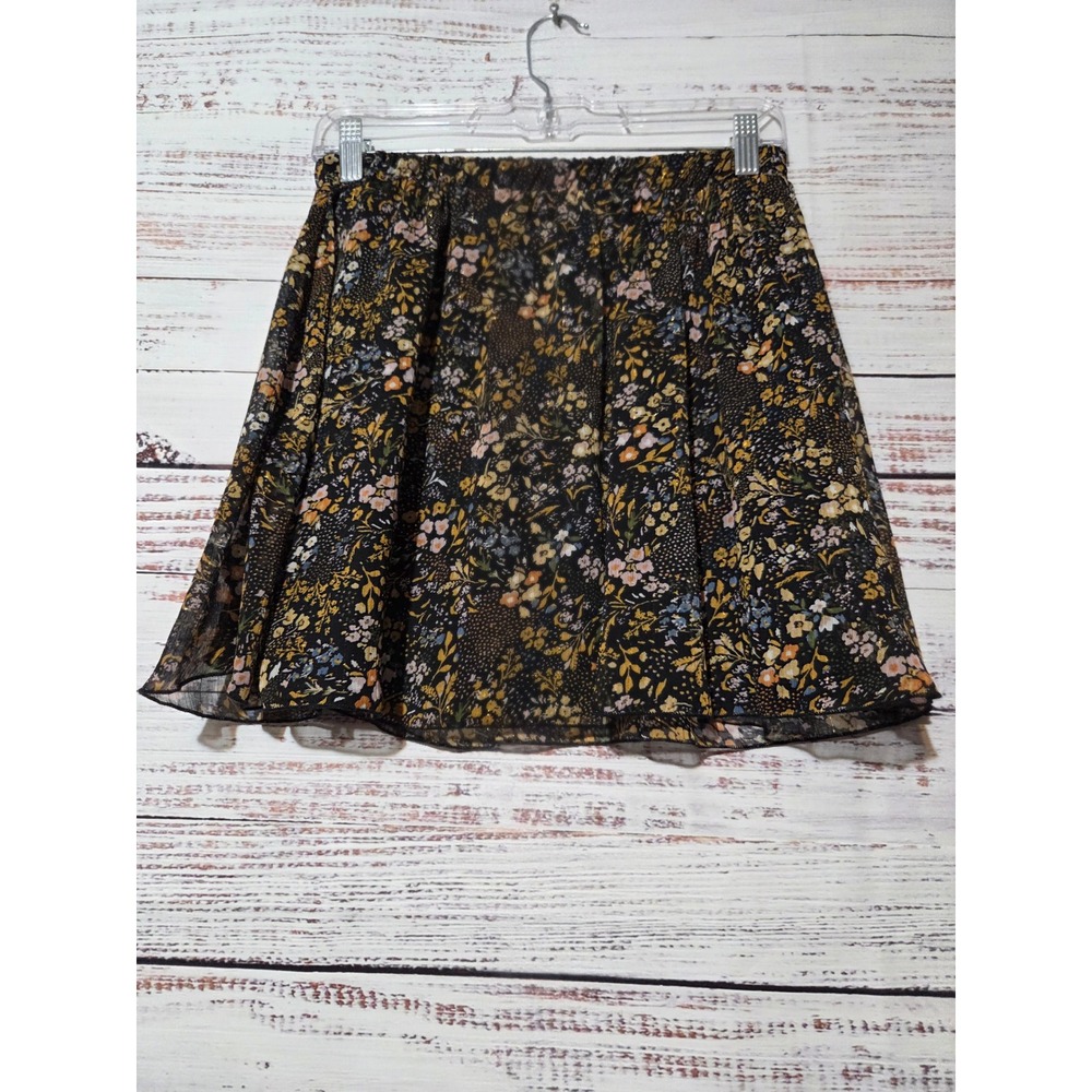 Altard State Floral Mini Skirt Black Gold Shimmer Elastic Waist Sz Medium